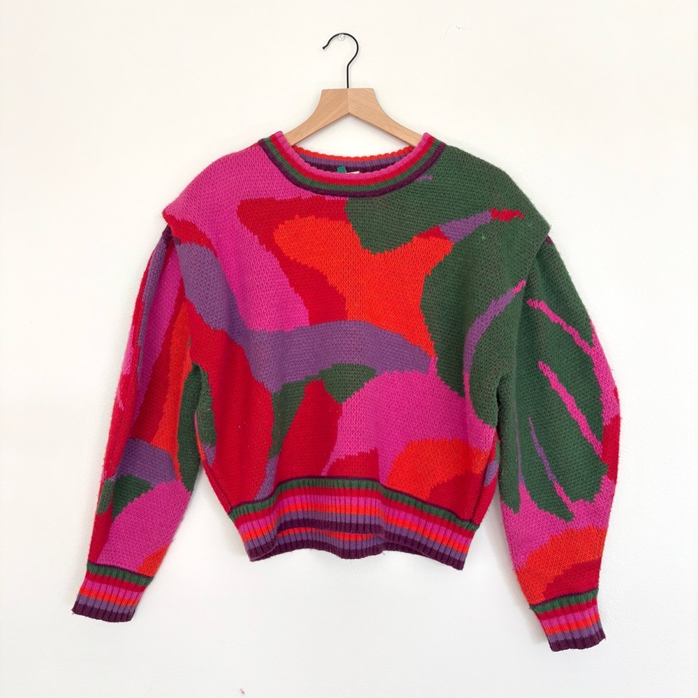 farm rio merino abstract colorful sweater - wool blend pink red green - XS/S euc